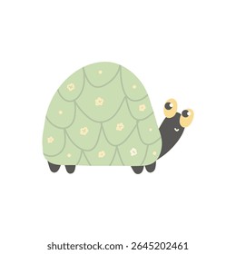 A cute cartoon turtle with a green shell and black feet. The turtle has large, expressive eyes and a friendly appearance. Ideal for children's illustrations.