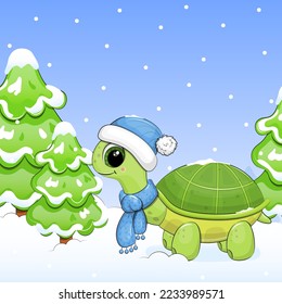 A cute cartoon turtle in a hat and scarf stands next to the fir trees. Winter vector illustration of an animal on a blue background with snow.
