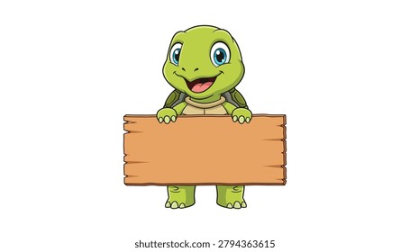 Cute cartoon turtle holding a blank wooden sign board with tortoise, character