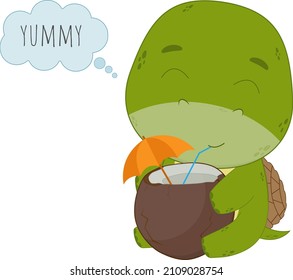 Una tortuga de dibujos animados que sostiene un coco en sus manos. Ilustración vectorial para diseños e impresión.
