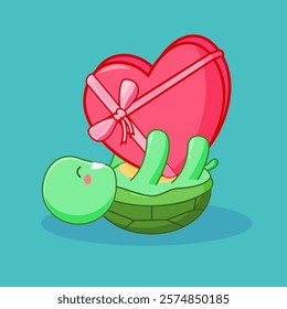 Cute Cartoon Turtle Holding a Heart-Shaped Gift Box, Green and Pink, Blue Background. Perfect for Valentine's Day cards, social media posts, and children's illustrations.