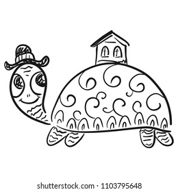 Cute cartoon turtle with house. Sketch. Vector illustration