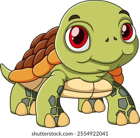 A cute  cartoon turtle illustration with big red eyes  a friendly smile  and vibrant colors