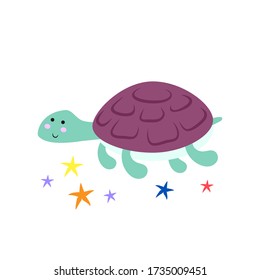 Cute cartoon turtle. Illustration for print on baby clothes, books and cards. Flat vector illustration isolated on white background.