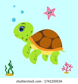 cute cartoon turtle illustration, vector character