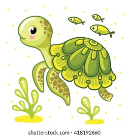 Cute  cartoon turtle isolated. Turtle and fish on a white background, vector illustration.