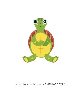 Cute cartoon turtle isolated on white background, childish animal character sitting with arms crossed in funny pose, flat hand drawn vector illustration