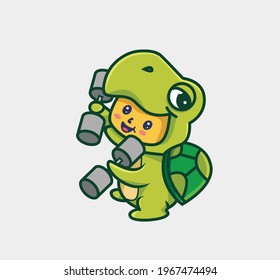 Cute Cartoon turtle lifting barbell dumbell at gym. Animal Cartoon Flat Style Icon illustration Premium Vector