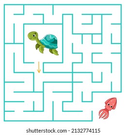 A cute cartoon turtle is looking for a way through the maze to the squid. Find a way out of the labyrinth. Educational game for children. Cartoon vector illustration, color clipart.
