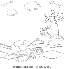 cute cartoon turtle on the beach. Black and white vector illustration for coloring book