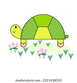 Cute cartoon turtle on green filed.