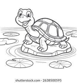 Cute Cartoon Turtle Outline for Coloring Book Smiling Tortoise Line vector Art Illustration
