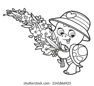 Cute cartoon turtle in a panama hat carries a big bouquet of flowers outlined for coloring page on white background