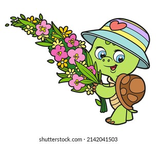 Cute cartoon turtle in a panama hat carries a big bouquet of flowers color variation for coloring page on white background