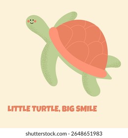 Cute cartoon turtle with the phrase “Little turtle, big smile” on a light yellow background. Smiling green turtle with a yellow shell. Underwater life. Fun and playful design for kids, cards, stickers