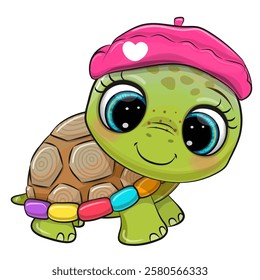 Cute Cartoon Turtle with pink beret on a white background