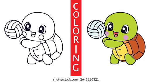 Cute Cartoon Turtle Playing Volleyball Coloring Sheet, Illustration Icon Cartoon Vector, Animals Holidays, Cartoon Style Flat.