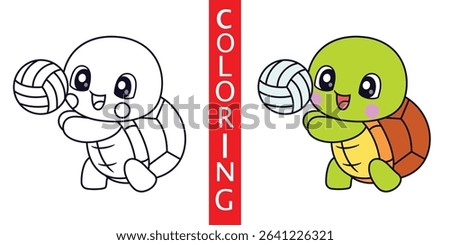Cute Cartoon Turtle Playing Volleyball Coloring Sheet, Illustration Icon Cartoon Vector, Animals Holidays, Cartoon Style Flat.