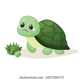 Cute cartoon turtle. Postcard. Icon. Sticker. Print. Kid. Small animal. Smiling character. Print. Vector illustration. Flat design.