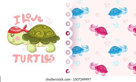 Cute cartoon turtle in a red and blue pattern