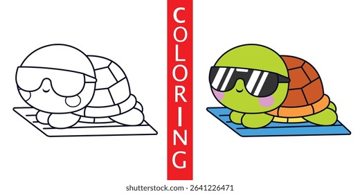 Cute Cartoon Turtle Relaxing On The Beach Coloring Sheet, Illustration Icon Cartoon Vector, Animals Holidays, Cartoon Style Flat.