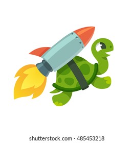 Cute cartoon turtle with rocket jetpack. Funny vector illustration.