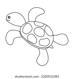 Cute cartoon turtle, sea animal, doodle style vector outline illustration for kids coloring book