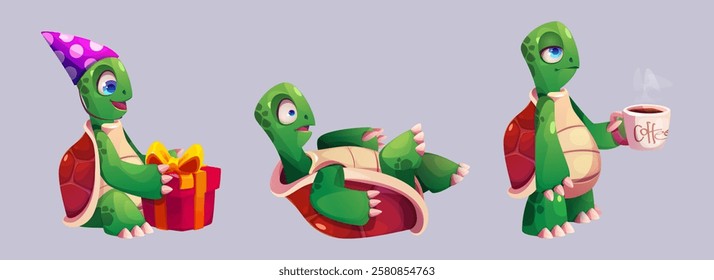 Cute cartoon turtle set in different poses - holding birthday present with party hat, scared lying on shell, sleepy walking with cup of coffee. Green reptile mascot with cheerful expressions.