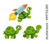 Cute cartoon turtle set. Standing, walking and rocket flying. Funny vector illustration.