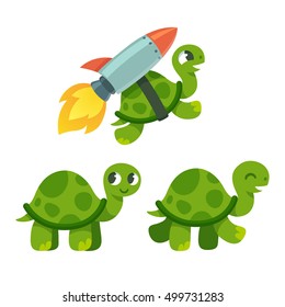 Cute cartoon turtle set. Standing, walking and rocket flying. Funny vector illustration.