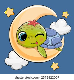 Cute Cartoon Turtle is sleeping on the moon