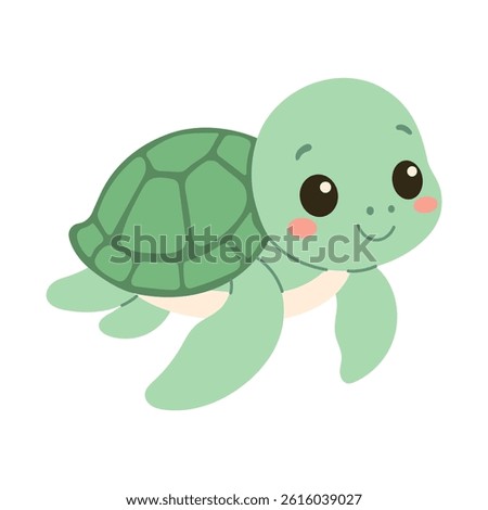 A cute cartoon turtle is smiling and looking at the camera. The turtle is green and has a cute, cuddly appearance