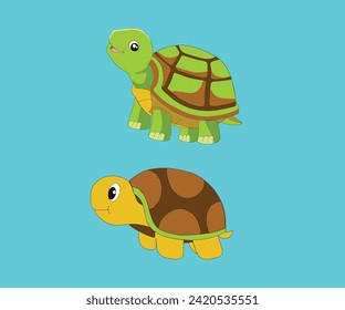 Cute Cartoon Schildkröte lächelt. Kleine Tiere rutschen, laufen, schwimmen, schlafen. Freundliche und freundliche aquatische und terrestrische Reptilien. Adorable See- und Landreptilien. Vektorgrafik-Set