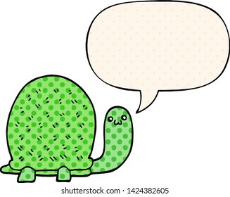 süße Cartoon-Schildkröte mit Sprachblase im Comicstil