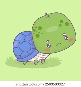 Cute cartoon turtle standing in grass. Funny little kawaii animal. Vector illustration. Kids collection