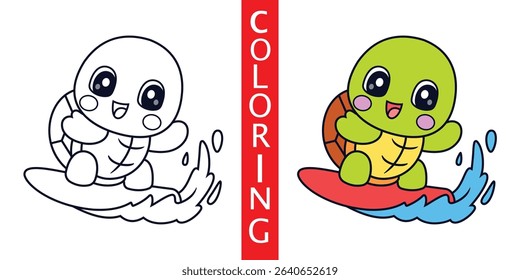 Cute Cartoon Turtle Surfing the Sea Coloring Sheet, Illustration Icon Cartoon Vector, Animals Holidays, Cartoon Style Flat.  