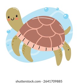 A cute cartoon turtle swimming in blue water with bubbles. The turtle has a brown shell and a friendly expression, showcasing a playful underwater scene.