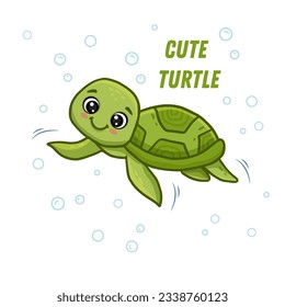 cute cartoon turtle swimming. Funny sea turtle isolated on white. Vector