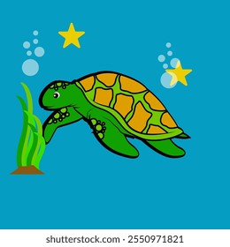 Cute cartoon turtle swimming in the sea. Vector illustration on blue background.