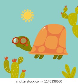 Cute cartoon turtle. Vector illustration. Funny turtle in sunglasses. 