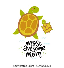 Cute cartoon turtle. Vector illustration. Funny turtle in sunglasses. Mom turtle with baby. Mom I love you