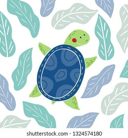 Cute cartoon turtle. Vector illustration. Funny turtle in ocean. 