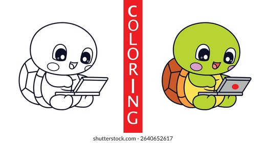 Cute Cartoon Turtle Work On Laptop Coloring Sheet, Illustration Icon Cartoon Vector, Animals Technology, Cartoon Style Flat.