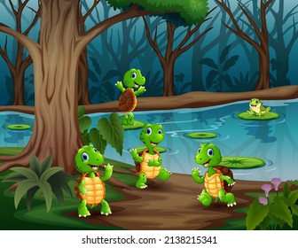 Tortugas de dibujos animados y ranas jugando en el río