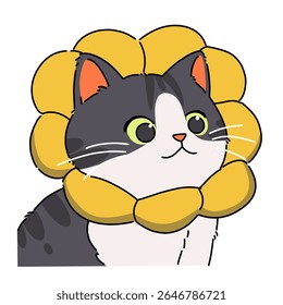 Cute cartoon tuxedo cat wearing yellow flower collar illustration art