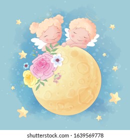 Cute cartoon two angels boy and girl on the moon with beautiful flowers