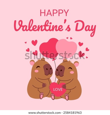 A cute cartoon of two brown capybaras hugging each other and holding a red heart. The image is titled "Happy Valentine's Day" and is pink in color