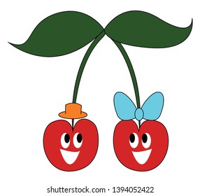 A cute cartoon of two cherries one with a orange hat and another with a blue bow vector color drawing or illustration