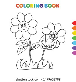 cute cartoon two happy sunflower flowers coloring book for kids. black and white vector illustration for coloring book. two happy sunflower flowers concept hand drawn illustration