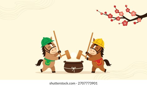 Linda caricatura de dos caballos haciendo mochi para una celebración de año nuevo japonés con una rama de flor de ciruelo en el fondo.